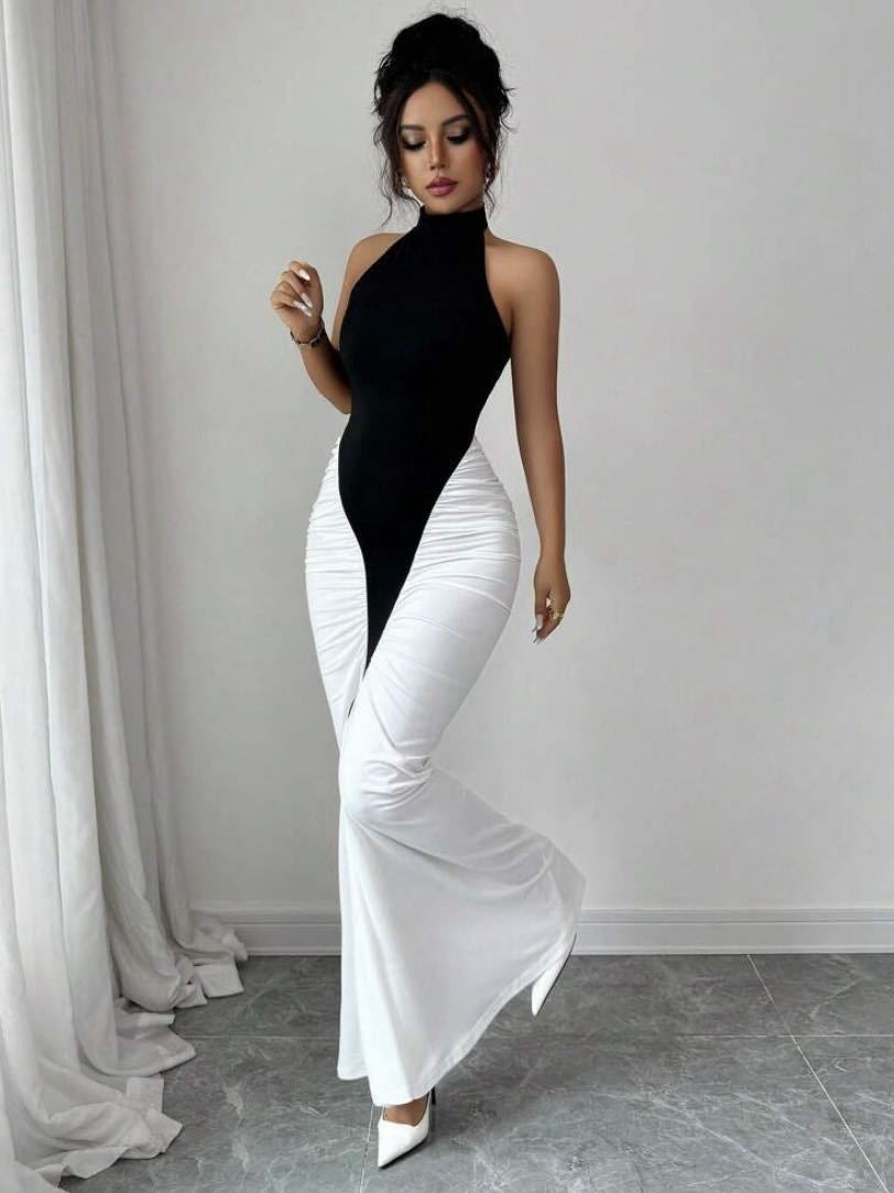 New elegant and sexy halter-neck backless color-blocked slim-fitting bodycon dress