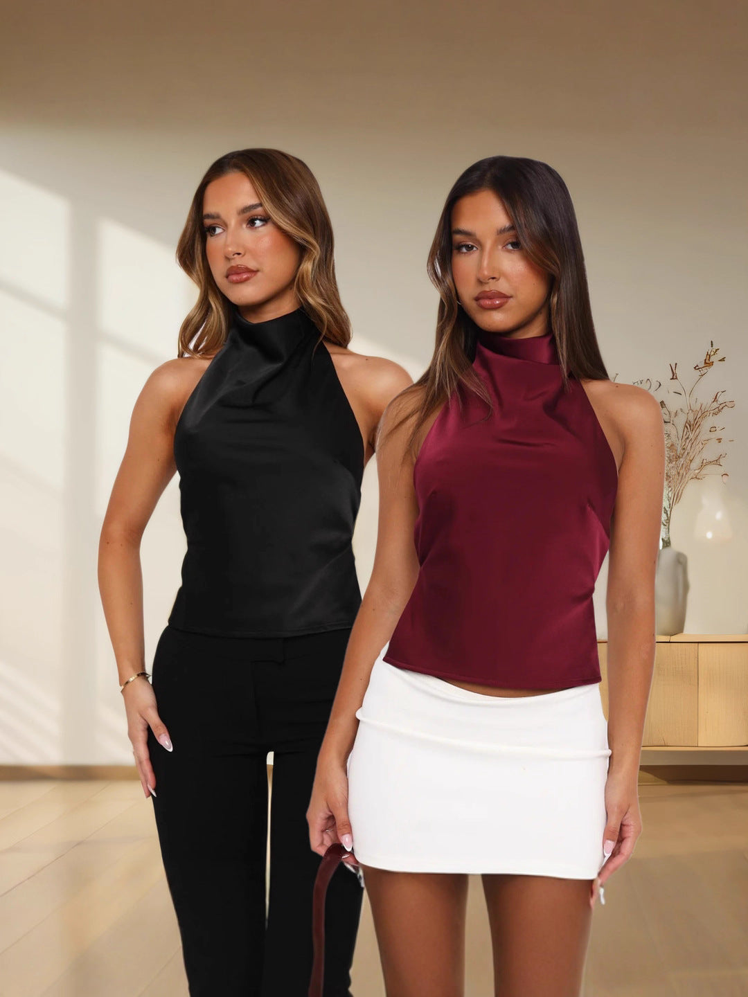 New spring and summer Chinese style elegant backless solid color high neck halter-neck sleeveless slim-fitting top