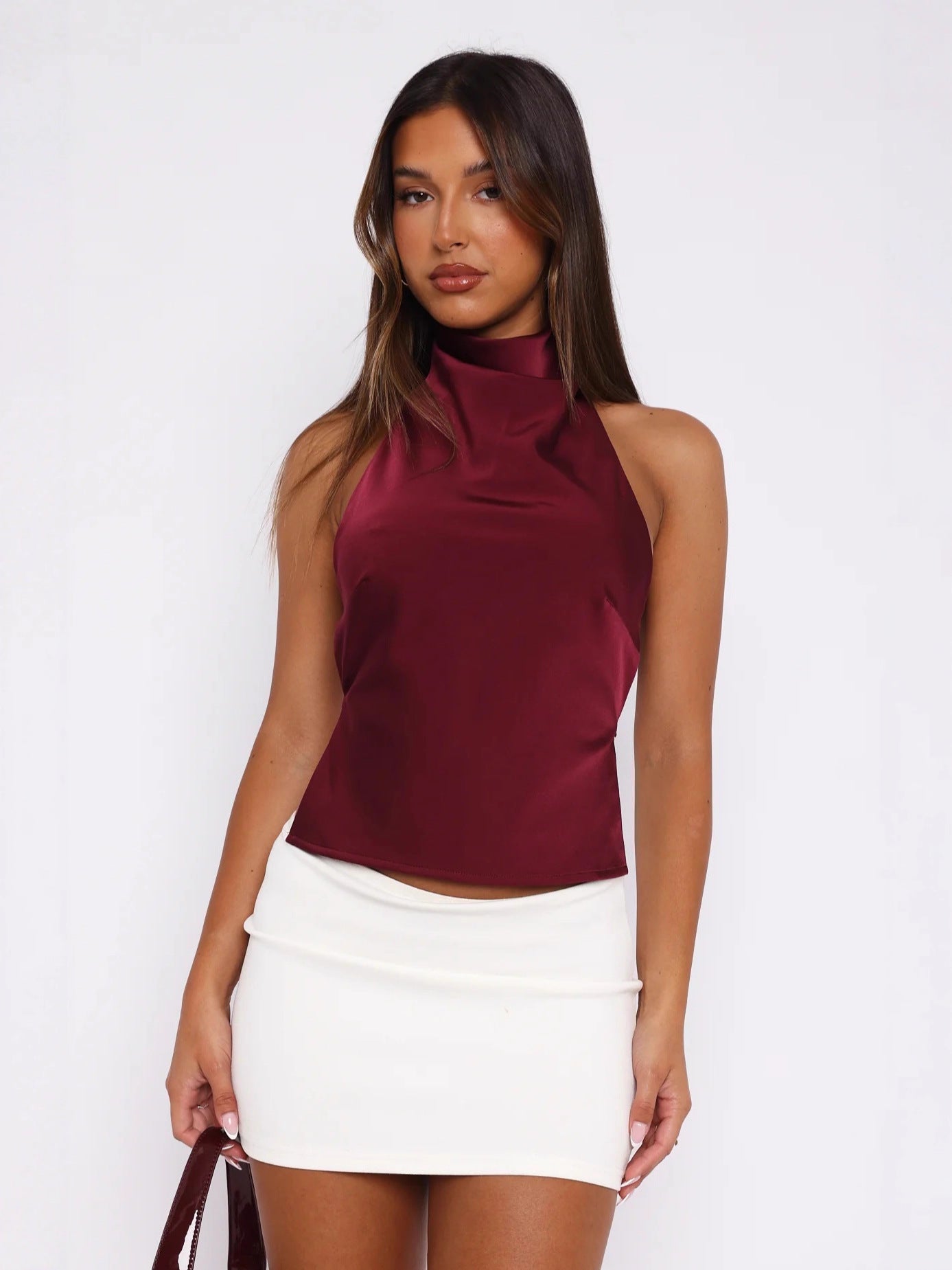 New spring and summer Chinese style elegant backless solid color high neck halter-neck sleeveless slim-fitting top