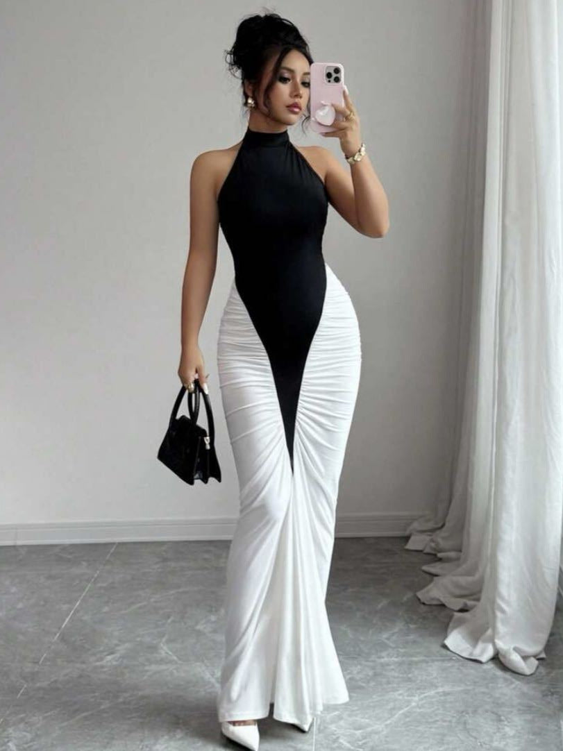 New elegant and sexy halter-neck backless color-blocked slim-fitting bodycon dress